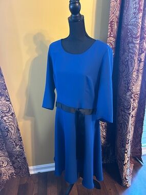 Chic Royal Blue Midi Dress with Satin Waist Tie